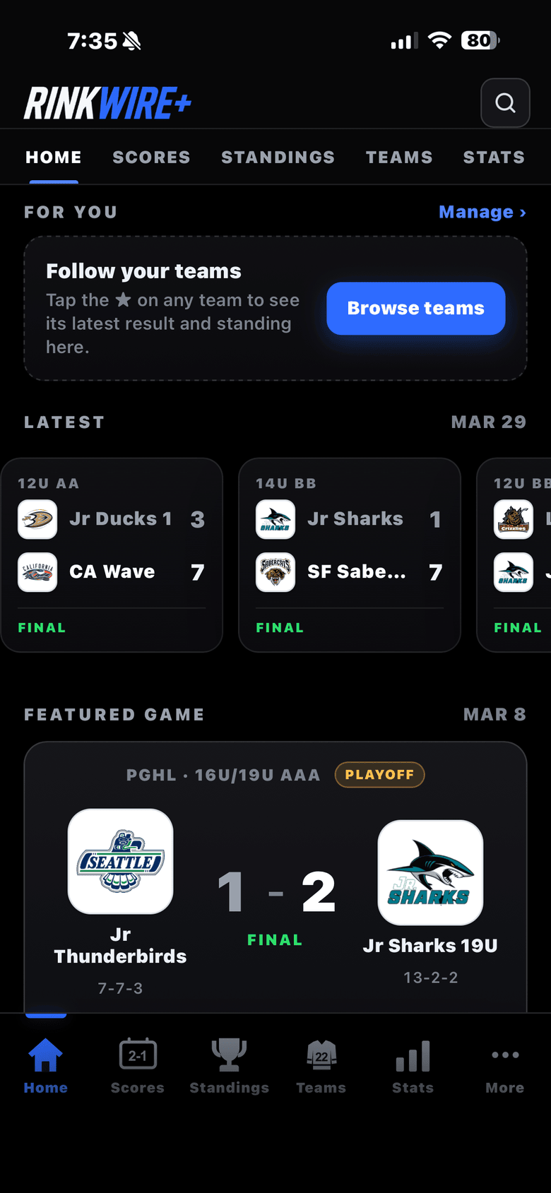 RinkWire app home screen: followed teams, the latest finals, and a featured game