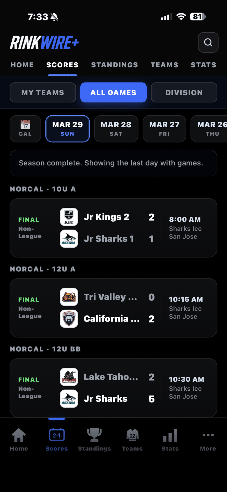 RinkWire app scores screen: games listed by day across every league
