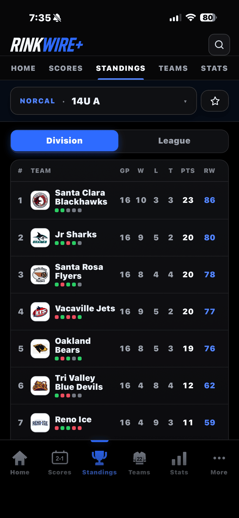 RinkWire app standings screen: a division table with records and points